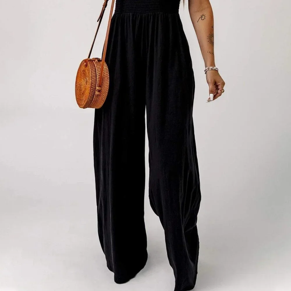Black Casual Womens Solid Slant Pocket Cami Wide Leg Jumpsuit - Picture 4 of 5